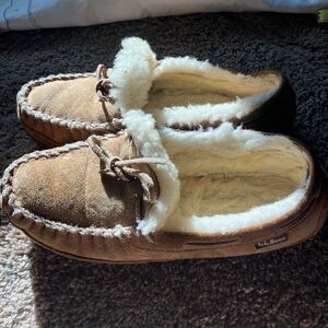 L.L. Bean Brown Suede Moccasin Slippers with Cream Shearling